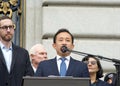 City Attorney David Chiu speaking at an Affordable Housing Press Conference in front of City Hall Royalty Free Stock Photo