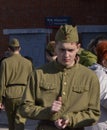 City of Balakovo of the Saratov region. Russia. May 1. 2018. Arrival of the retro train `military echelon` to the station.