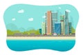 City beach landscape sea view vector, seaside ocean shore cityscape skyscrapers flat cartoon graphic illustration, urban town