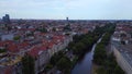 Nice aerial top view flight drone. City Berlin Neukoeln canal bridge river