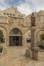 City of Bethlehem. The church Catherine next to the Basilica of the Nativity of Jesus Christ. Column with the figure of Saint Royalty Free Stock Photo