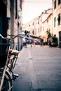 City bicycle handlebar, bike over blurred background Royalty Free Stock Photo