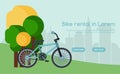 City bicycle hire rental tours for tourists and city visitors poster, banner vector illstration. Bike standing near