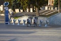 City bicycle parking point powered by solar cell panels. Urban mobility service concept