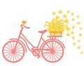 City bicycle silhouette full of field flowers in wicker basket and birds. Vector graphic illustration of romantic bike isolated on Royalty Free Stock Photo