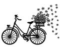 City bicycle silhouette full of flowers in wicker basket and birds. Vector graphic illustration of romantic bike isolated on white