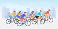 City bicycle sport marathon. Vector flat cartoon bike race illustration. Cyclist people on urban landscape background Royalty Free Stock Photo