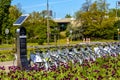 City bicycles Veturilo parking hub at Helski Embankment - Wybrzeze Helskie - with Gdanski Bridge over Vistula river in background Royalty Free Stock Photo