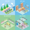 City bike concept vector in isometric style. Illustration in flat 3d design. Bicycle parking, repair shop and bike for Royalty Free Stock Photo
