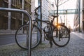 City bike parked on the street. Bicycles as a transport in town Royalty Free Stock Photo