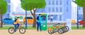 City bike rental, bicycle rental electronic system and people rent and bicycling smart service cartoon vector Royalty Free Stock Photo