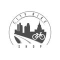 City Bike Shop Emblem, Badge. Monochrome Vector Illustration. Bend Road and Big City Skyline