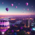 The city of bioluminiscent balloon. ai generated Royalty Free Stock Photo