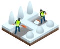City after blizzard. Municipal workers removing snow and ice from streets. Isometric vector illustration