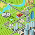 City block streets transport buildings flat 3d isometric vector Royalty Free Stock Photo