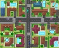City block top view. Town street panorama with houses, gardens, trees and roads, city landscape infrastructure vector