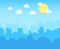 City with blue sky, white clouds and sun. cityscape skyline flat panoramic vector background Royalty Free Stock Photo