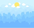 City with blue sky, white clouds and sun. cityscape skyline flat panoramic vector background. Royalty Free Stock Photo