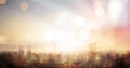 City blur background of blurry morning light on sky with bokeh and sun flare city night life summer travel holiday vacation Royalty Free Stock Photo