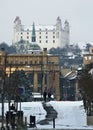 City Bratislava, Slovakia December 23rd, 2023:Winter scenery with castle and university