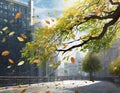 City breeze: trees and leaves in windy urban scene