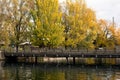 City bridge with autumn trees and lake Royalty Free Stock Photo