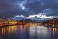 City bridge landscape and office buildings architecture skyline night