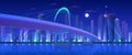 City bridge at night vector illustration. Cartoon flat modern urban neon futuristic skyline, cityscape tower skyscrapers Royalty Free Stock Photo