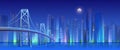 City bridge at night vector illustration, cartoon flat modern urban skyline, blue futuristic cityscape with skyscrapers Royalty Free Stock Photo