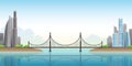 City Bridge over the river.Panorama of modern city with bridge.Vector illustration. Royalty Free Stock Photo