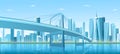 City bridge over water bay vector illustration, cartoon flat modern new bridge to downtown futuristic metropolis, blue Royalty Free Stock Photo