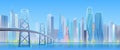 City bridge vector illustration, cartoon flat modern urban blue futuristic skyline, cityscape with tower skyscrapers in Royalty Free Stock Photo