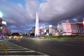 City of Buenos Aires with Obelisk and 9 de Julio Avenue - with illuminated advertising signs at night