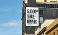 City building, banner or sign to stop war in Ukraine, Russia or opinion for peace, support and solidarity. Poster Royalty Free Stock Photo