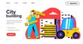 City building concept for landing page template. Man works on construction, loading wooden boards on forklift. Real estate people