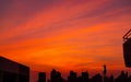 City building in the evening with beautiful red sunset sky and clouds. Urban landscape with red and orange sunset sky. Twilight Royalty Free Stock Photo