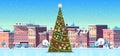 City building houses winter street with decorated pine tree merry christmas happy new year concept flat horizontal Royalty Free Stock Photo