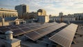 Of a city building with multiple solar panels installed under a Royalty Free Stock Photo