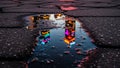 City Building Reflections in a Puddle on Cracked Asphalt at Dusk 20260104 Royalty Free Stock Photo