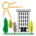 City building and trees. Sun and grass. Urban nature scene. Modern illustration.