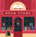 City building vintage book store facade vector illustration. Cartoon house exterior with entrance book shop, front view