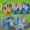 City Buildings 2 Banners Isometric Composition