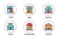 City buildings color line icons set. Isolated vector element. Outline pictograms for web page, mobile app, promo. Royalty Free Stock Photo
