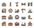 City buildings color linear vector icons set Royalty Free Stock Photo