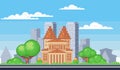 City buildings. Downtown pixelated cityscape. Scenery skyline. Suburban pixel town silhouette