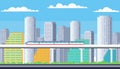 City buildings. Downtown pixelated cityscape. Scenery skyline. Suburban pixel town silhouette