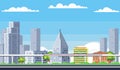 City buildings. Downtown pixelated cityscape. Scenery skyline. Suburban pixel town silhouette