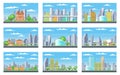City buildings. Downtown pixelated cityscape set. Scenery skyline. Suburban pixel town silhouette
