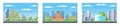 City buildings. Downtown pixelated cityscape set. Scenery skyline. Suburban pixel town silhouette