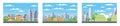 City buildings. Downtown pixelated cityscape set. Scenery skyline. Suburban pixel town silhouette